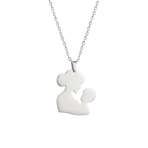 Polished silver mother and child silhouette pendant necklace with classic cross chain