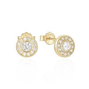 Close-up of golden S925 sterling silver halo stud earrings with clear zircon stones