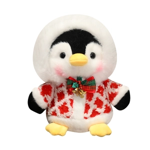 Cute Christmas penguin plush toy with white hood and red winter coat holiday gift