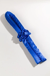 Blue satin heatless hair curler set with matching scrunchie on a clean white background