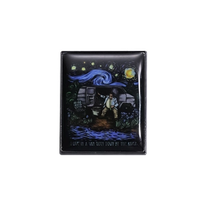 Enamel brooch with Starry Night parody and I Live In A Van Down By The River quote