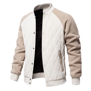 Men Quilted Jacket Stand Collar Diamond Pattern Patchwork Fleece Sleeve Button Up Casual Outerwear