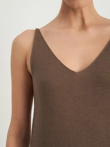 Detail of soft dark brown knit V-neck camisole with fine texture and slim straps