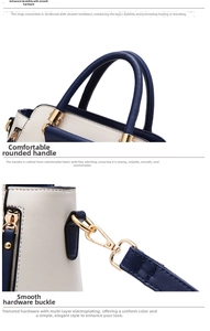 Detail of blue and white leather bag featuring gold hardware and reinforced stitching
