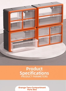 Close-up of orange drawer parts box with transparent windows for tool organization