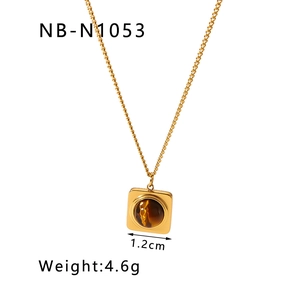Detail of 18k gold plated square pendant with inlaid natural tiger eye stone and dimensions