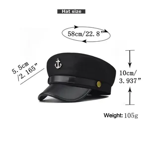 Detailed size chart of black sailor hat with silver anchor emblem and dimensions