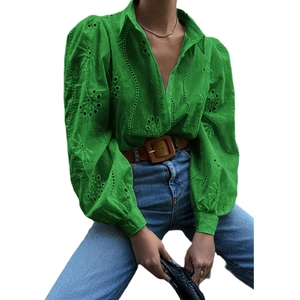 Women's green V-neck hollow out embroidery puff sleeve cardigan casual top fashion