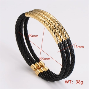 Three-layer black cable wire bangle for men with golden embossed metal accents