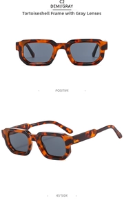 Detailed views of vintage square tortoiseshell sunglasses with grey lenses in two angles
