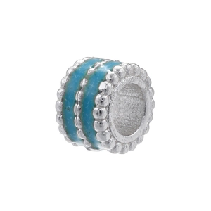 Macro view of blue enamel cylinder spacer bead with 18K gold plated embossed edges
