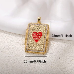Gold tarot card pendant with red heart, zircon inlay and All You Need Is Love engraving