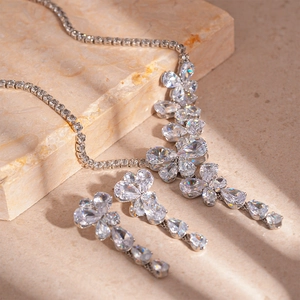 Elegant zircon butterfly flower jewelry set with silver necklace and matching earrings