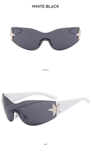 Detail of Y2K shield sunglasses showing side metal star trim and white-black frame design