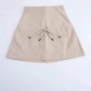 Women's beige ribbed halter neck sleeveless dress with drawstring bow and high waist