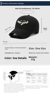 Size chart showing quick-dry baseball cap dimensions and head circumference guide