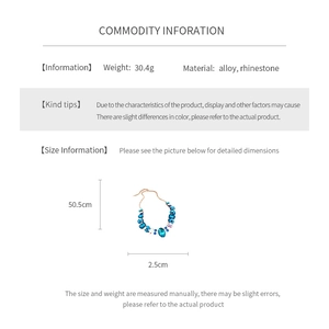 Detailed infographic of blue gemstone necklace with alloy chain and weight specifications