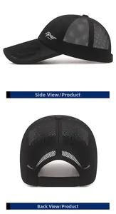 Detail view of black mesh baseball cap with Sport embroidery and adjustable strap