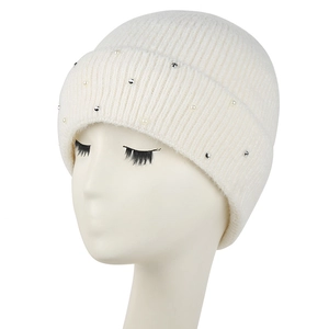 Women's warm winter knit hat in cream white featuring faux pearls and sparkling rhinestones