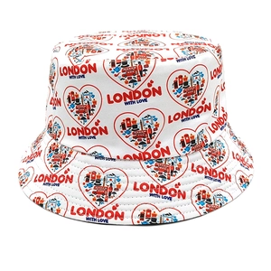 White bucket hat featuring London with Love print and red heart iconic landmark patterns