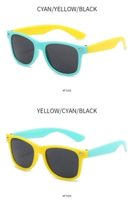 Detail view of two-tone Wayfarer kids sunglasses in cyan and yellow matte frames