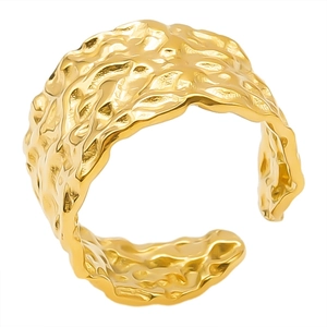Minimalist hammered texture gold open ring with adjustable stainless steel band for women