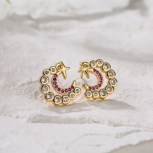 18K gold plated crescent moon and star stud earrings with micro-set zircon crystals