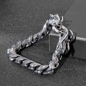 Vintage dragon-head cuban chain bracelet in stainless steel with retro carved textures