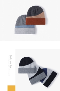 Detailed view of color-block knit fisherman hats with ribbed texture for winter warmth
