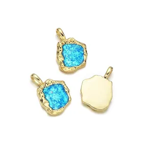 Irregular geometric gold plated copper pendants with blue fire opal inlay for DIY necklaces