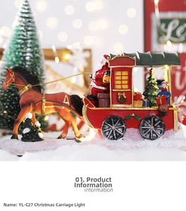 Detail of Christmas carriage lamp featuring Santa Claus, pine trees, and warm LED lights