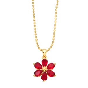 Chic gold ball chain necklace featuring a vibrant red six-petal flower gemstone pendant