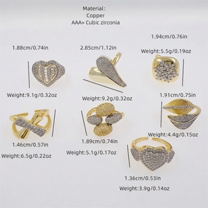 Set of 18K gold plated heart and leaf rings with cubic zirconia in various sizes