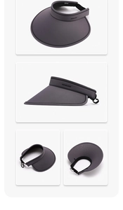 Macro detail of dark grey sun visor featuring a wide brim and adjustable elastic back strap