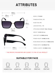 Detailed technical specification chart for oversized square fashion sunglasses