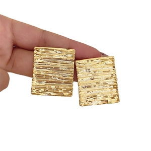 Minimalist geometric square gold earrings with artistic ripple texture for women