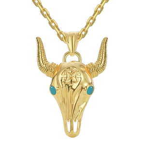 Western style bull skull pendant necklace with turquoise eyes and floral pattern