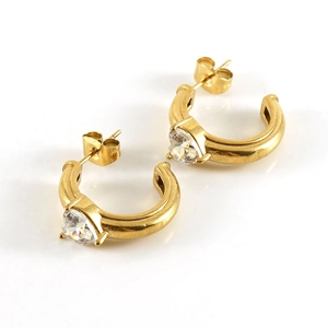 Polished 18k gold-plated stainless steel C-shaped earrings with a large round zircon stone