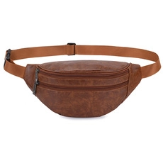 Detail of a brown textured faux leather waist bag featuring double zippers and a buckle strap