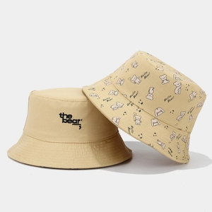 Beige UV protection sun hats with cute bear patterns and embroidery for outdoor wear