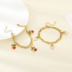 Dual-layer gold strawberry and cherry pendant bracelets with adjustable lobster clasp