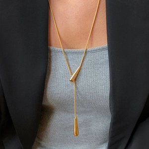 Minimalist gold Y-shaped necklace with elegant water drop pendants and snake chain link