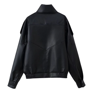 Rear view of black faux leather jacket showing V-shaped stitching and ribbed cuffs