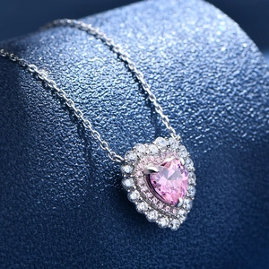 925 silver necklace with 8mm pink heart-shaped carbon diamond pendant in a halo setting