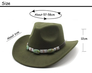 Size detail of olive green wool felt cowboy hat with measurement of 57-58cm circumference