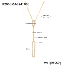 Detail view of gold titanium steel Y-necklace with zircon hollow rectangle pendant size specs