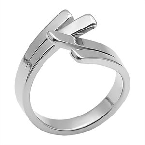 Macro shot of minimalist silver 304 stainless steel ring with triple layered geometry