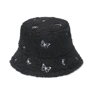 Winter faux fur bucket hat for women with white butterfly embroidery in black fleece