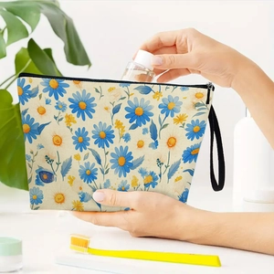 Chic daisy floral makeup bag with black zipper and handle strap for toiletries