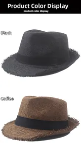 Close-up of frayed edges and textured straw weaving on black and brown fedora hats